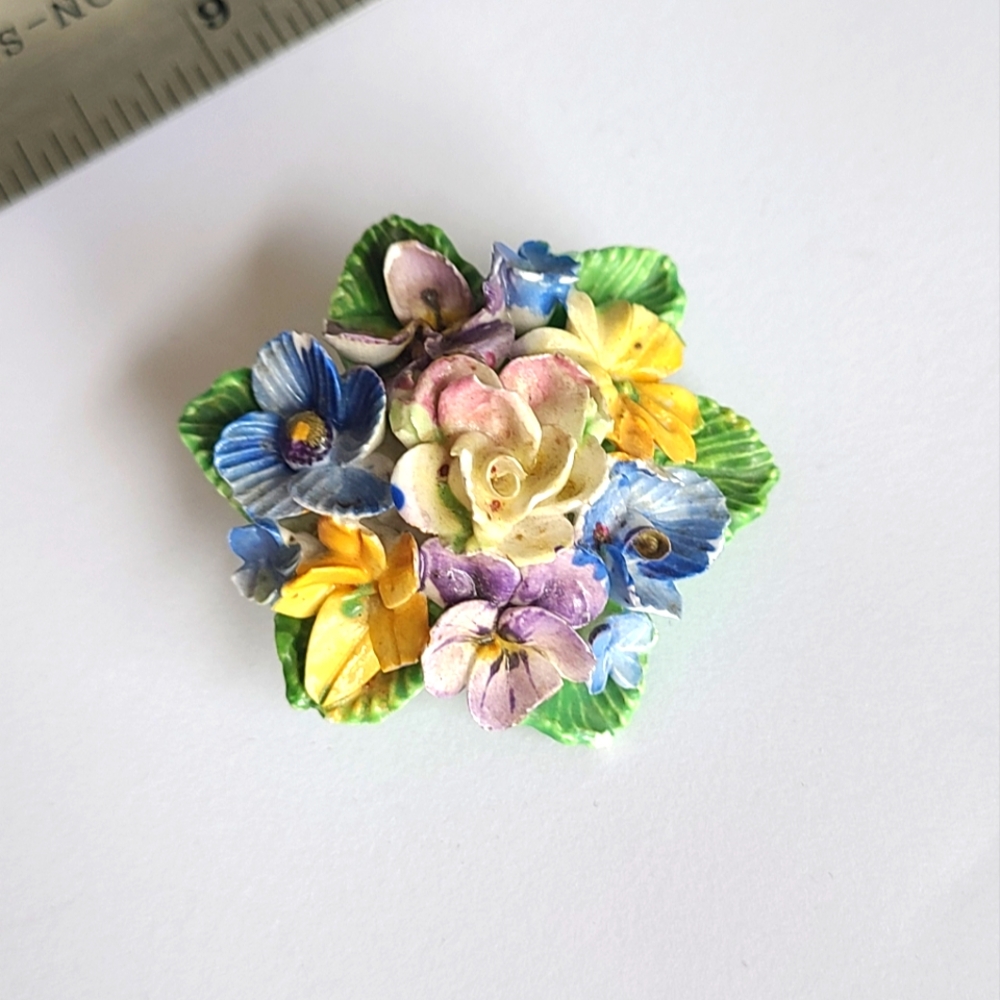 Vintage Crown Staffordshire China Colorful Floral Flower Grandma Core Brooch